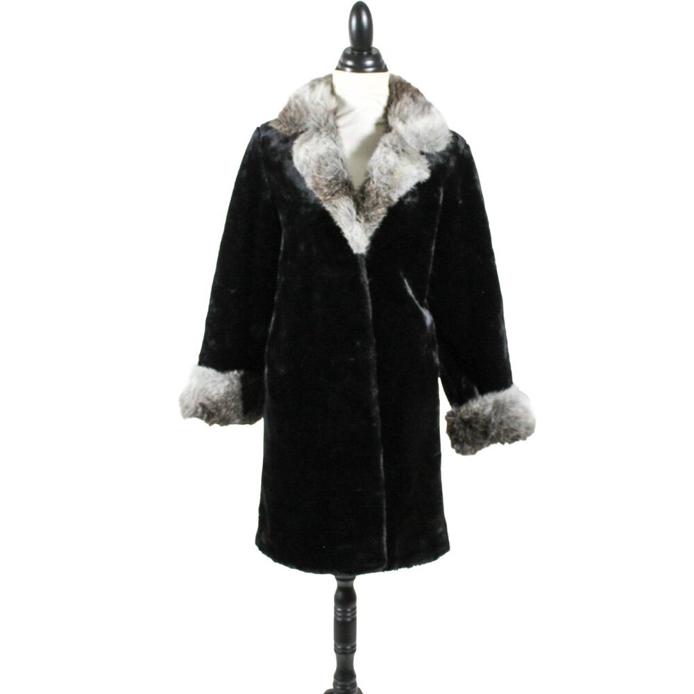 Vintage 1980s Dennis Basso Faux Fur Coat Black & Gray Mob Wife Aesthetic